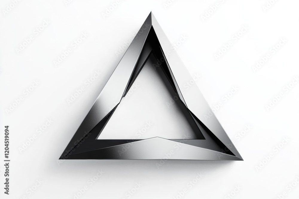Poster unique metallic triangular sculpture with sharp edges and polished surface displayed on a white back