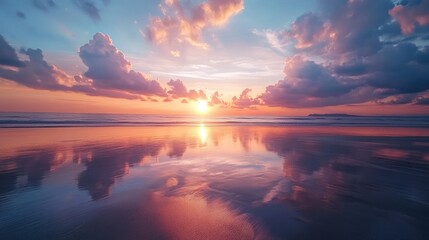 Spectacular Sunset Reflection on Calm Ocean Beach