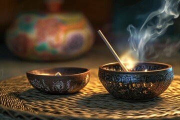 A couple enjoys their meal together at home with two bowls and a table setting