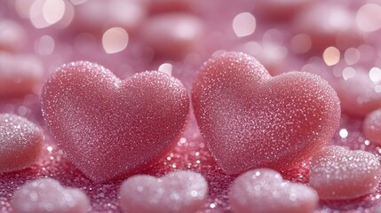 Fototapeta premium A close-up shot of two pink heart-shaped candies, perfect for use in romantic-themed designs and projects