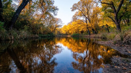 Fototapeta premium Calm autumn river reflecting golden trees. Peaceful nature scene. Use Relaxation, travel