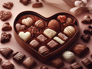Luxury Heart-Shaped Chocolate Box with Premium Assorted Chocolates in Colors, Flavors, and Designs on an Elegantly Decorated Pink Background, Perfect for Valentine's Day Gifts