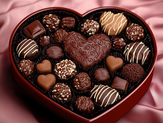 Heart-Shaped Chocolate Box with Assorted Shapes, Flavors, and Textures on Soft Pink Velvet Fabric, Perfect for Valentine's Day Gifts.
