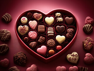 Heart-Shaped Chocolate Box with Assorted Shapes, Flavors, and Textures on Soft Pink Velvet, Adorned with Chocolates, Perfect for Valentine's Day Gifts.