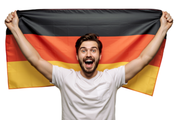 Cheerful Caucasian man in his 30s rising up his arms and holding Germany flag