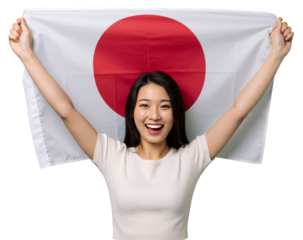 Happy Japanese woman holding her national flag and smiling at camera