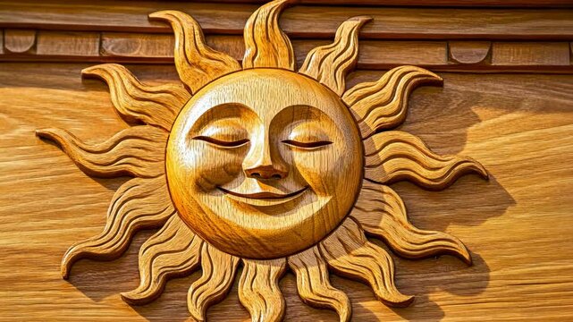 Wooden sun carving showcasing intricate details and craftsmanship, highlighting the beauty of artisan woodworking techniques