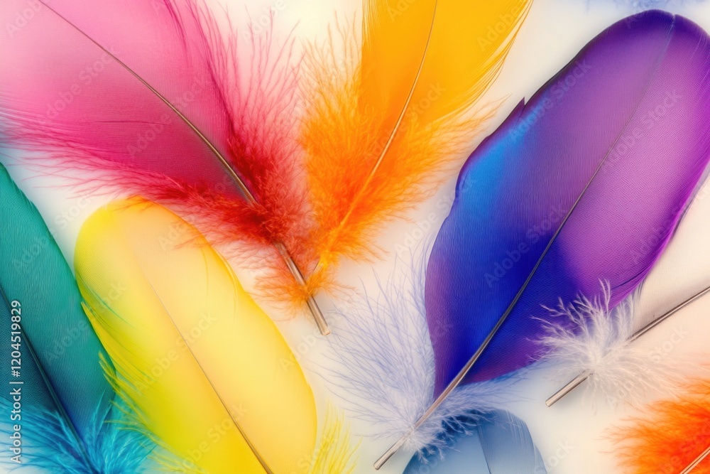 Poster a collection of vibrant feathers stacked on top of each other, ideal for use in designs related to n