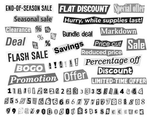 Paper cut from newspapers and magazine notice. Grayscale collage of sales and discount tags with bold typography and grey design isolated background. Vector illustration.