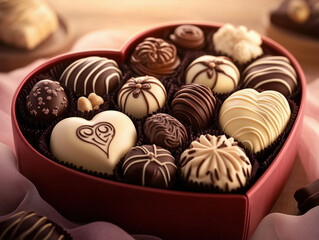 Heart-Shaped Chocolate Box with Assorted Shapes, Flavors, and Textures on Soft Pink Velvet, Adorned with Chocolates, Perfect for Valentine's Day Gifts.