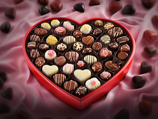 Heart-Shaped Chocolate Box with Assorted Shapes, Flavors, and Textures on Soft Pink Velvet, Adorned with Chocolates, Perfect for Valentine's Day Gifts.