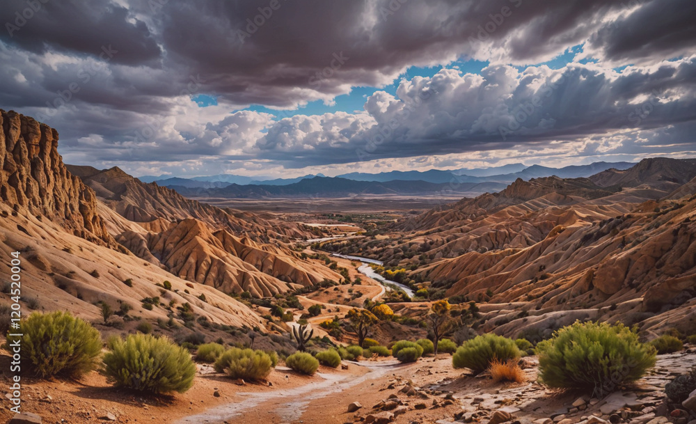 Poster desert landscape with a river running through it. the sky is cloudy and the sun is setting