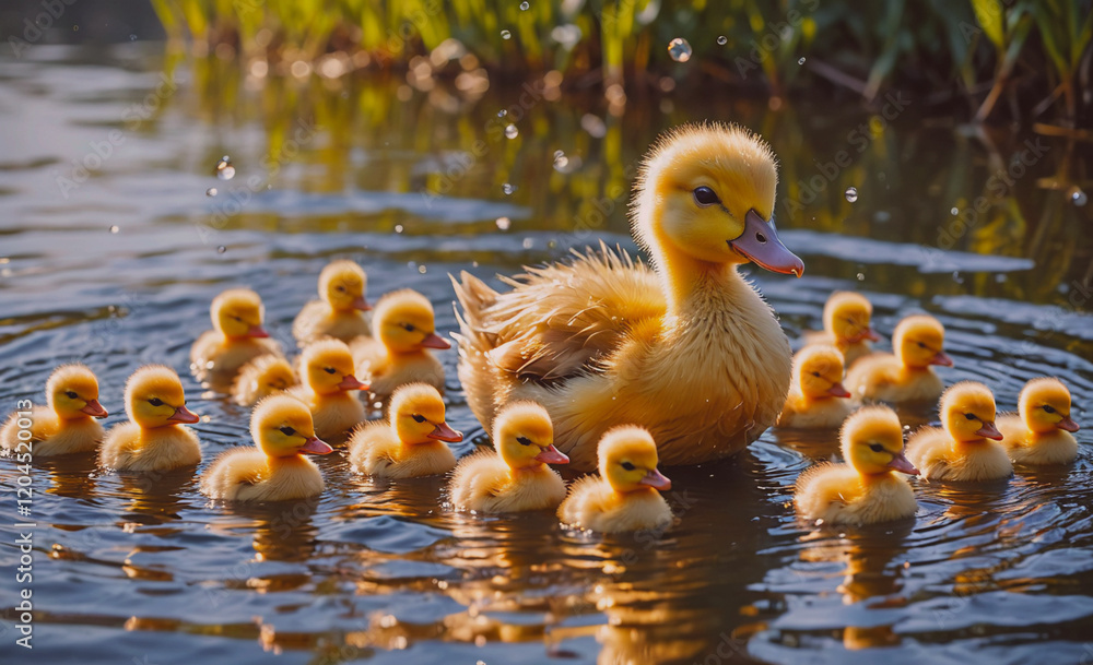 Poster group of ducklings are swimming in a pond with a mother duck. the scene is peaceful and serene, with