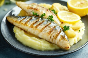 A plate of fish and mashed potatoes, ready for serving