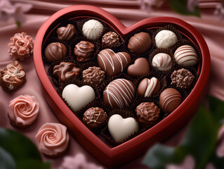 Heart-Shaped Chocolate Box with Assorted Flavors and Textures on Soft Pink Velvet, Adorned with Chocolates and Roses, Perfect for Valentine's Day.