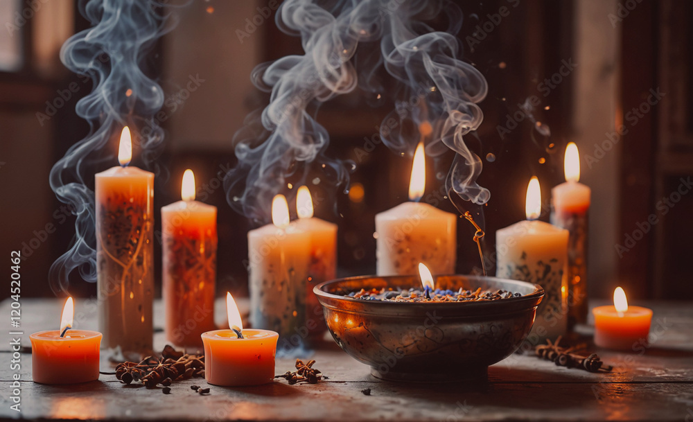 Poster table with candles and a bowl of incense. the candles are lit and the incense is burning, creating a
