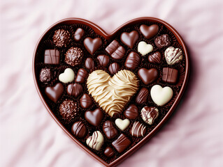 Heart-Shaped Chocolate Box with Assorted Shapes, Flavors, and Textures on Soft Pink Velvet Fabric, Perfect for Valentine's Day Gifts.