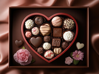 Heart-Shaped Chocolate Box with Assorted Premium Chocolates on a Background Adorned with More Chocolates.