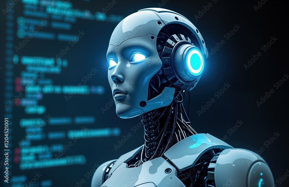 Poster futuristic robot with glowing blue eyes, mechanical details. advanced tech design. ai assistant. mod