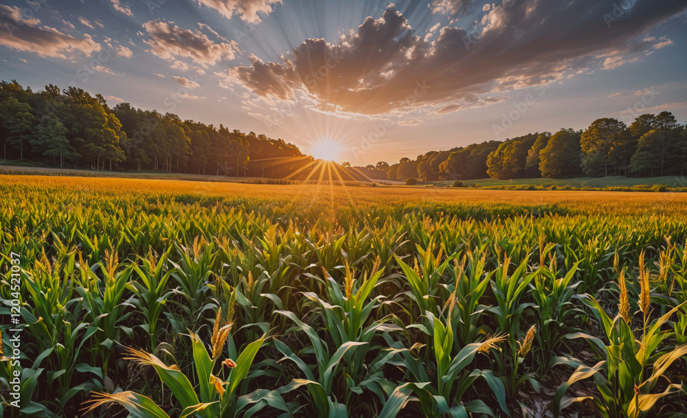 Poster field of corn is in the foreground with a bright sun in the background. the sun is shining on the co