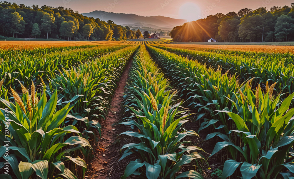 Poster field of corn is shown with the sun shining on it. the sun is in the background and the corn is in t