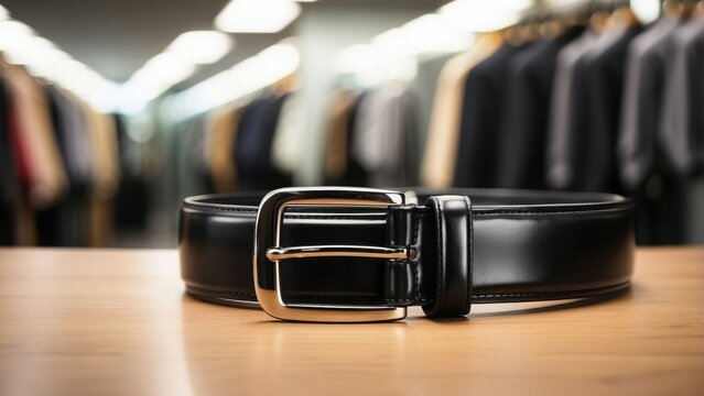 Shiny black leather belt buckle, blurred wardrobe background