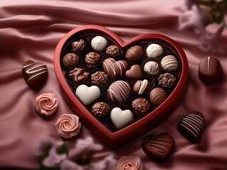 Heart-Shaped Chocolate Box with Assorted Flavors and Textures on Soft Pink Velvet, Adorned with Chocolates and Roses, Perfect for Valentine's Day.