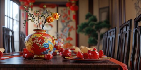 A table setting with a vase of flowers and plates of food, ideal for a dinner party or special occasion