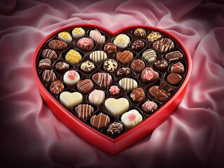 Heart-Shaped Chocolate Box with Assorted Shapes, Flavors, and Textures on Soft Pink Velvet Fabric, Perfect for Valentine's Day Gifts.