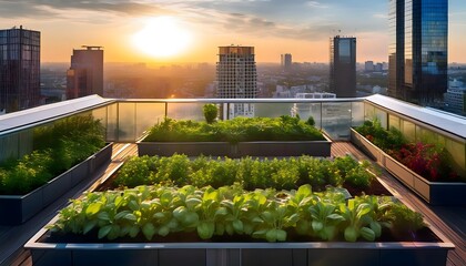 Fototapeta premium Sustainable rooftop farming with fresh produce and urban skyline in the background at sunrise