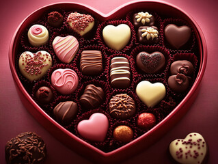 Heart-Shaped Chocolate Box with Assorted Shapes, Flavors, and Textures on Soft Pink Velvet, Adorned with Chocolates, Perfect for Valentine's Day Gifts.