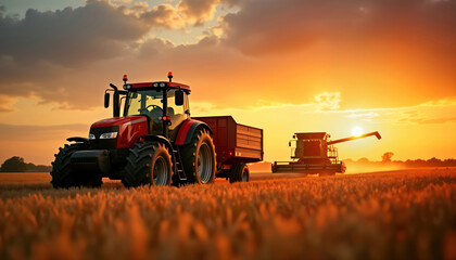 Naklejka premium Golden hour sunset illuminates wheat field. Red tractor with trailer, combine harvester work in field. Agricultural activity in action. Ripe wheat harvest in progress. Scenic rural landscape.