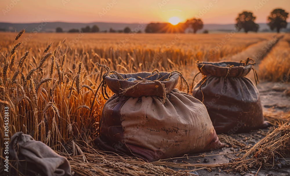 Poster Two bags of grain are sitting in a field. The sun is setting in the background