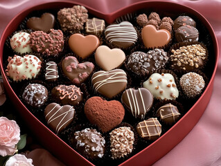 Heart-Shaped Chocolate Box with Assorted Flavors and Textures on Soft Pink Velvet, Adorned with Chocolates and Roses, Perfect for Valentine's Day.
