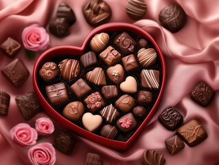 Heart-Shaped Chocolate Box with Assorted Flavors and Textures on Soft Pink Velvet, Adorned with Chocolates and Roses, Perfect for Valentine's Day.