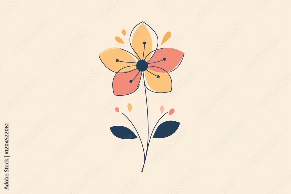Poster colorful flower illustration with petals and leaves in a minimalist style on a light background. gen