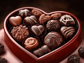 Heart-Shaped Chocolate Box with Assorted Shapes, Flavors, and Textures on Soft Pink Velvet, Adorned with Chocolates, Perfect for Valentine's Day Gifts.