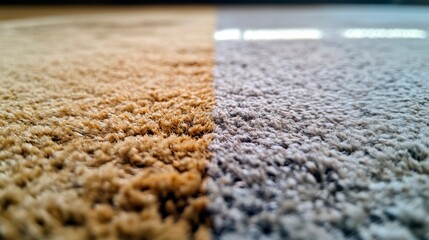 A close-up split-screen of a carpet, showing a dirty and stained area next to a freshly cleaned, vibrant section. Clear lines divide the two.