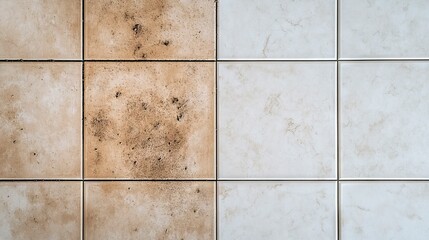 A top-down view comparing dirty, stained grout lines on the left with spotless, white grout on the right after deep cleaning.
