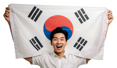 South Korean young man holding South Korea flag with proud and joy