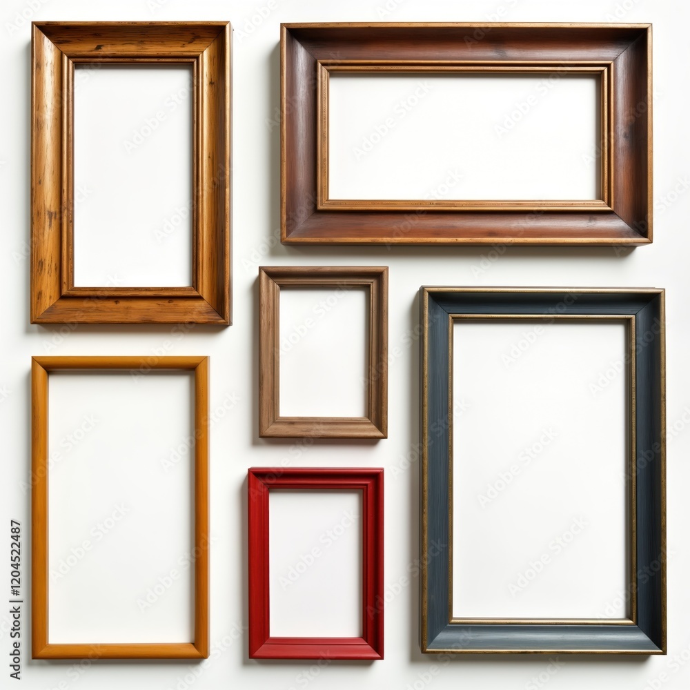 Poster various wooden picture frames in different colors arranged on white background. different shades of 