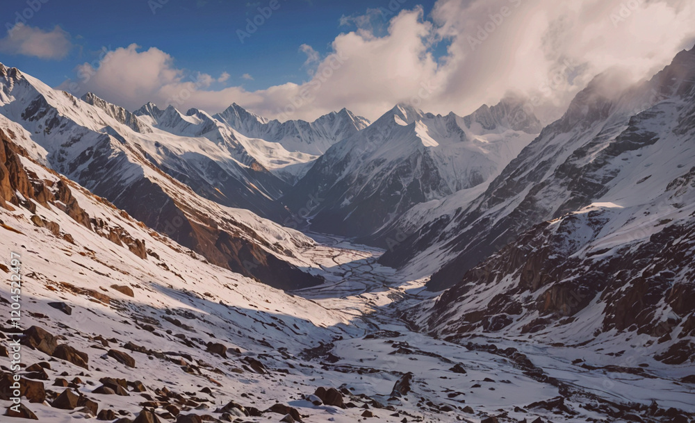 Aufkleber mountain range with snow-covered peaks and a valley in between. the sky is clear and the sun is shin