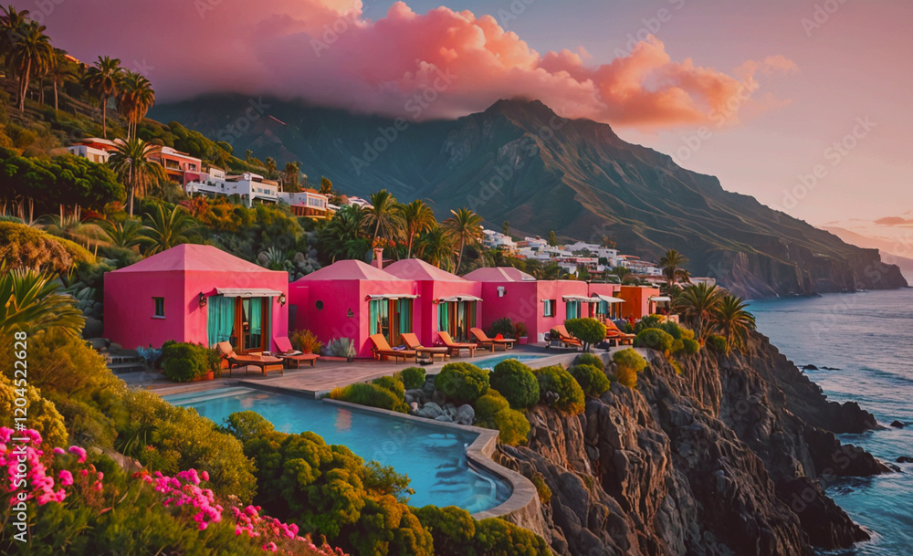 Aufkleber beautiful pink house with a pool and a view of the ocean. the house is surrounded by trees and the o