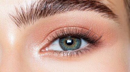 Obraz premium Close-up of a woman's eye with peach eyeshadow