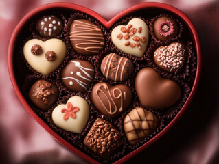 Heart-Shaped Chocolate Box with Assorted Shapes, Flavors, and Textures on Soft Pink Velvet Fabric, Perfect for Valentine's Day Gifts.