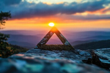 Sunset over mountain range, triangular rock formation silhouetted against vibrant sky.