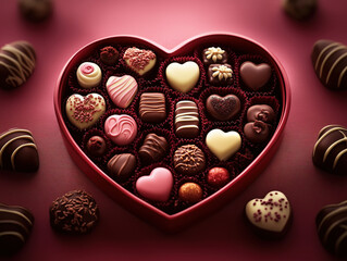 Heart-Shaped Chocolate Box with Assorted Shapes, Flavors, and Textures on Soft Pink Velvet, Adorned with Chocolates, Perfect for Valentine's Day Gifts.