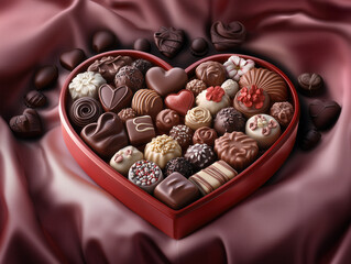 Heart-Shaped Chocolate Box with Assorted Shapes, Flavors, and Textures on Soft Pink Velvet, Adorned with Chocolates, Perfect for Valentine's Day Gifts.