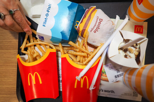 Mcdonald's fries and double cheese burger on a tray with a McFlurry 