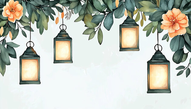 Hanging lanterns, floral garland, soft light, garden background; wedding invitation